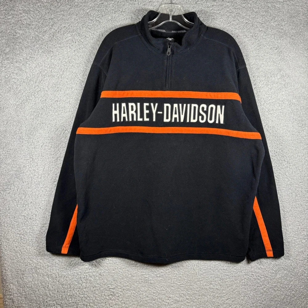 Harley Davidson Mens XL Quarter Zip Fleece Pullover Black Orange Biker Sweater